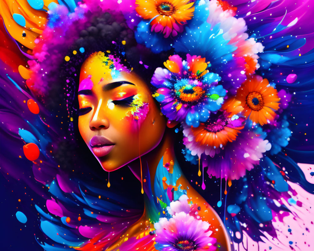 Colorful Digital Artwork: Woman with Flower and Paint Integration