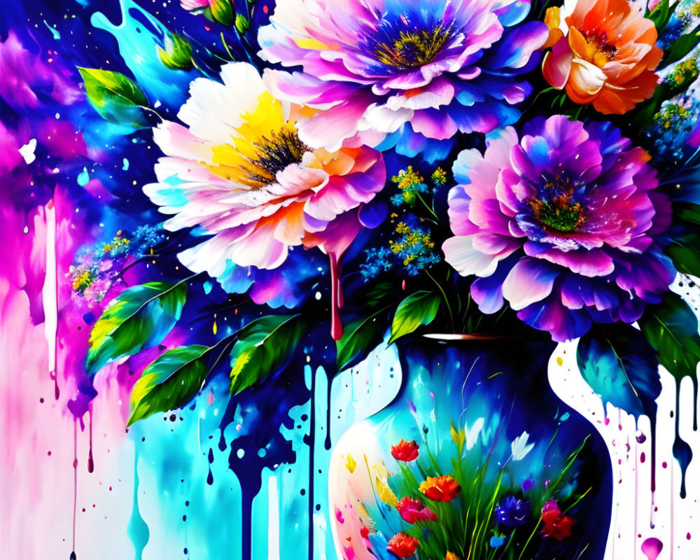 Colorful Flower Bouquet Artwork with Dripping Paint on Abstract Background