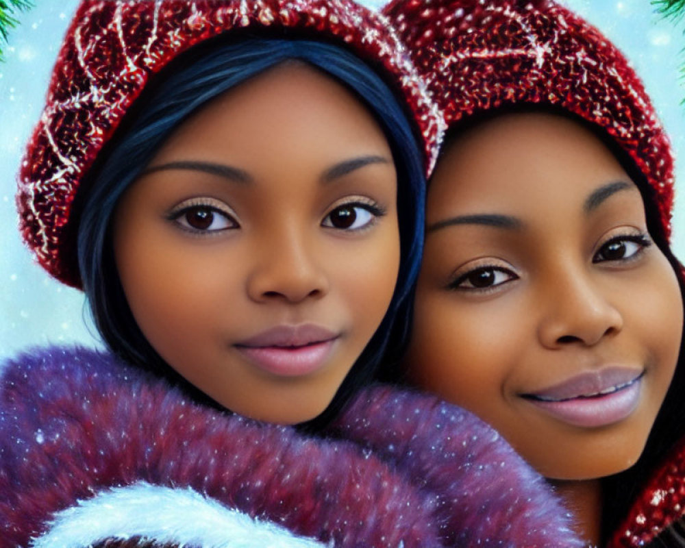 Two people in winter outfits with holiday backdrop, wearing knit hats