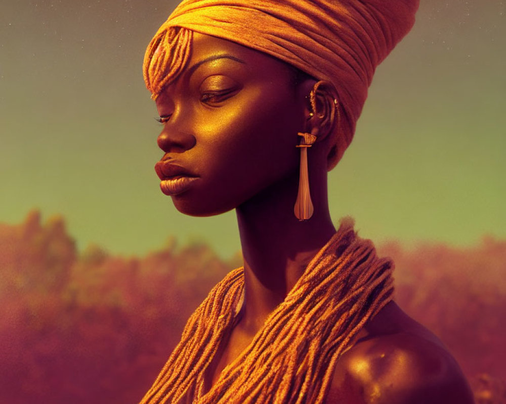 Profile view of woman with turban and large earring on warm golden backdrop