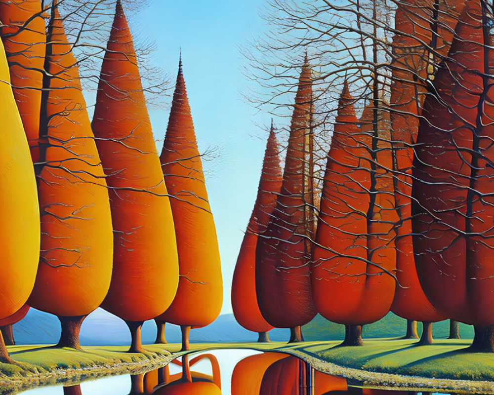 Colorful painting of stylized trees reflecting in water under blue sky