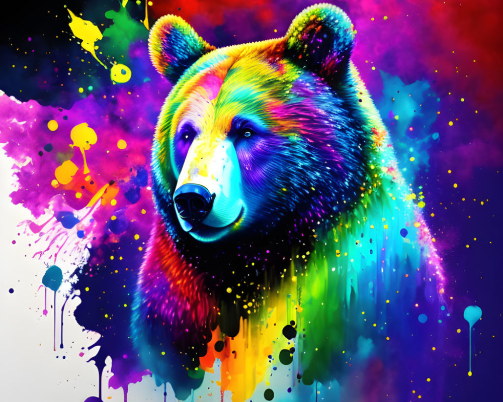 Colorful Neon Bear Artwork on Black Background