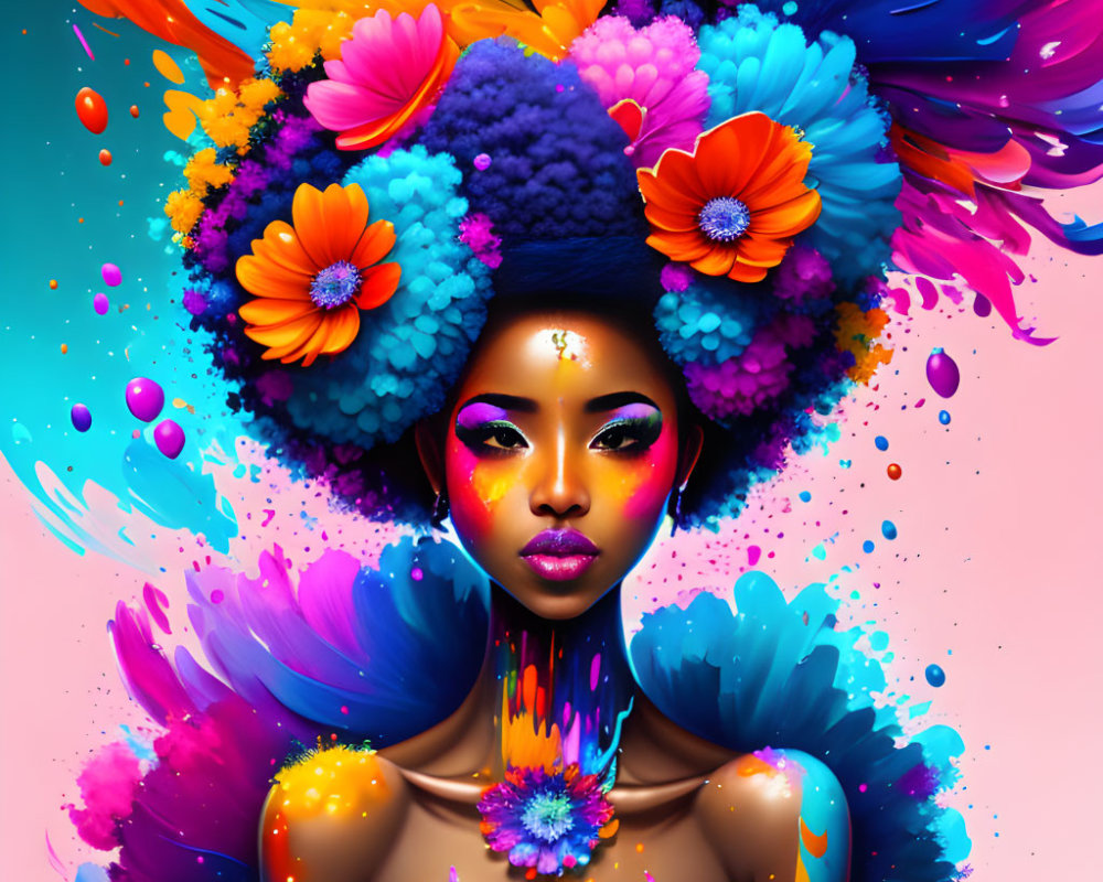 Colorful digital artwork of woman with floral explosion