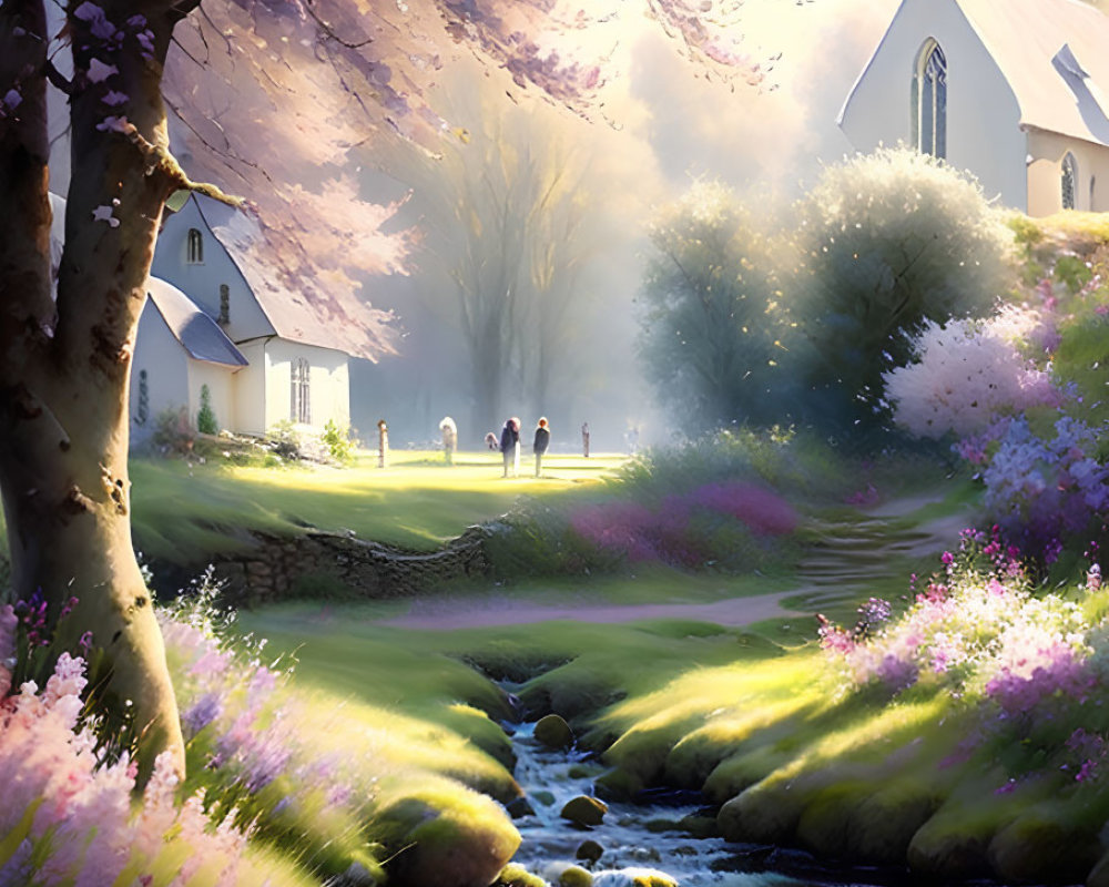 Serene landscape with church, blooming trees, stream, and two people