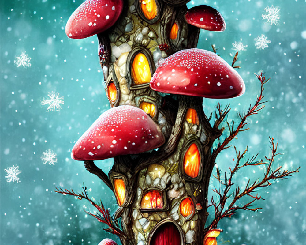 Illustration of Mushroom-Shaped House in Snowy Landscape