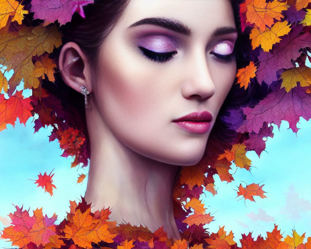 Purple Eyeshadow Woman Surrounded by Autumn Leaves on Blue Background