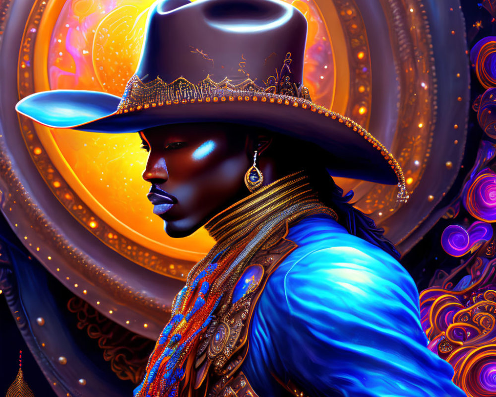 Colorful digital artwork: Person in cowboy hat against cosmic backdrop