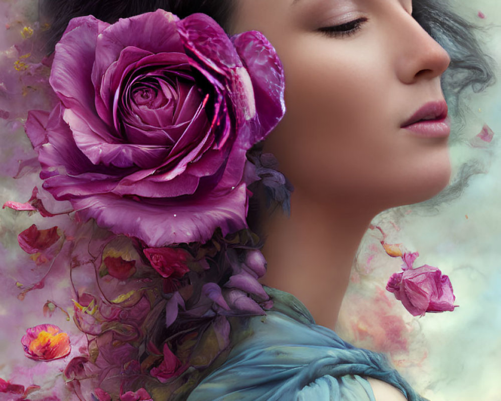 Profile portrait of woman with large purple rose in dark hair, surrounded by delicate flowers.