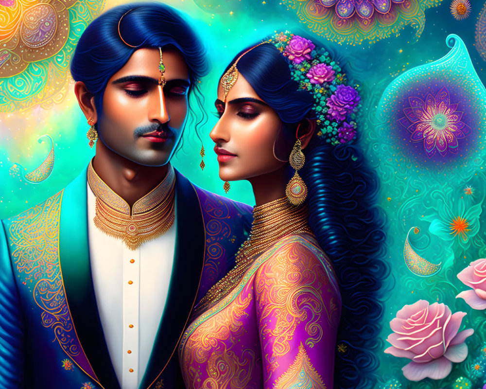 Traditional Indian couple illustration with vibrant ornate background