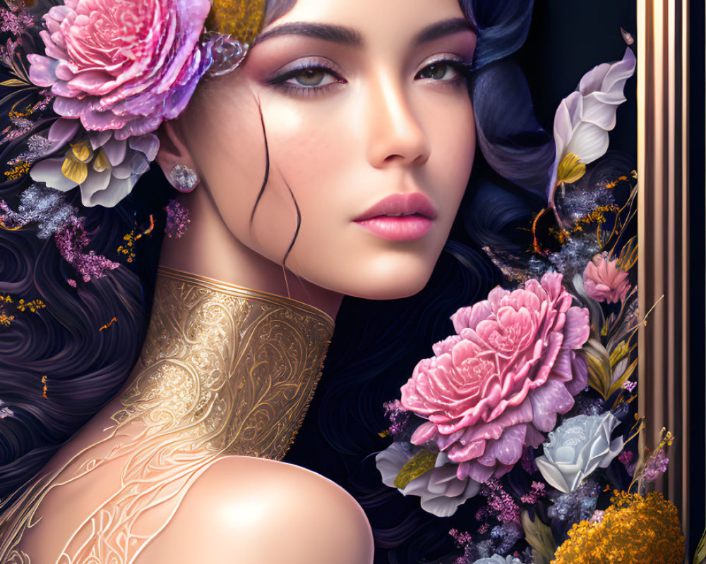 Digital portrait of woman with floral hair adornments and gold skin accents.