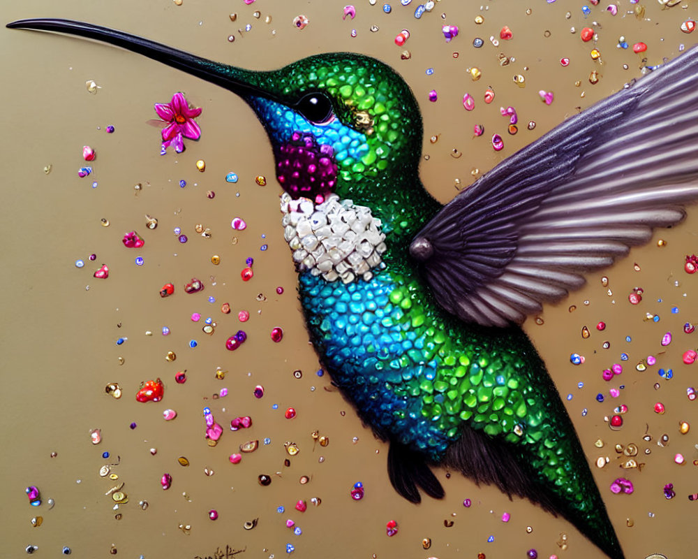 Colorful Hummingbird Mid-Flight with Sequin-Like Textures on Tan Background