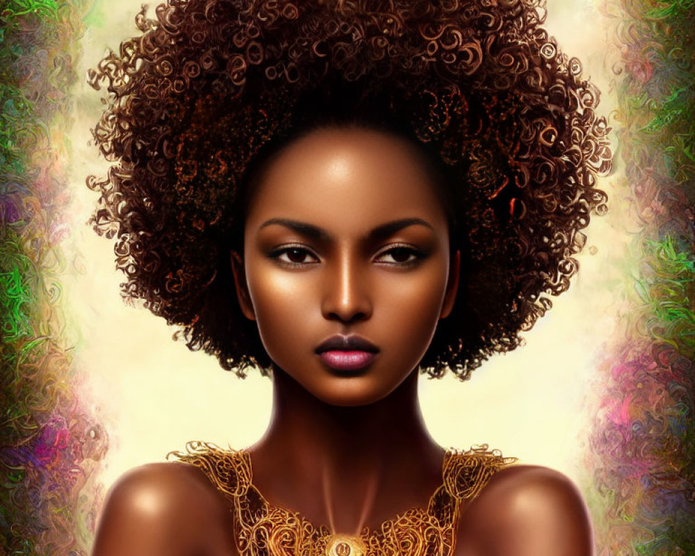 Digital portrait of woman with voluminous curly afro and bronze skin wearing gold jewelry on colorful abstract background