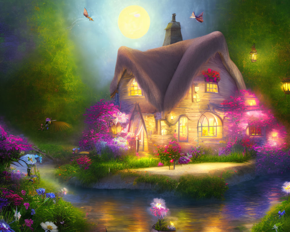 Thatched Cottage Surrounded by Flowers Under Full Moon