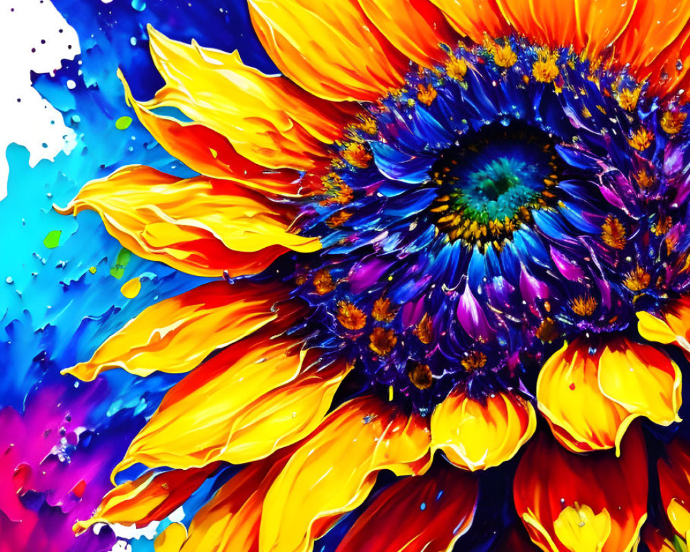 Colorful Sunflower Painting with Blue and Purple Background