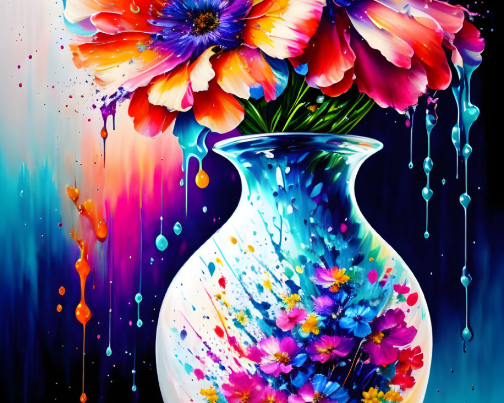 Colorful Flower Painting with Melting Effect in White Vase