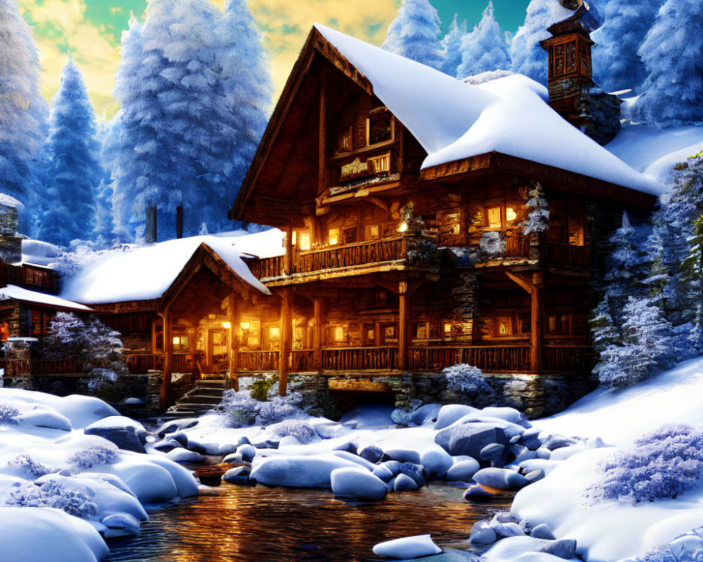 Snowy forest cabin in illuminated windows, nestled by stream.