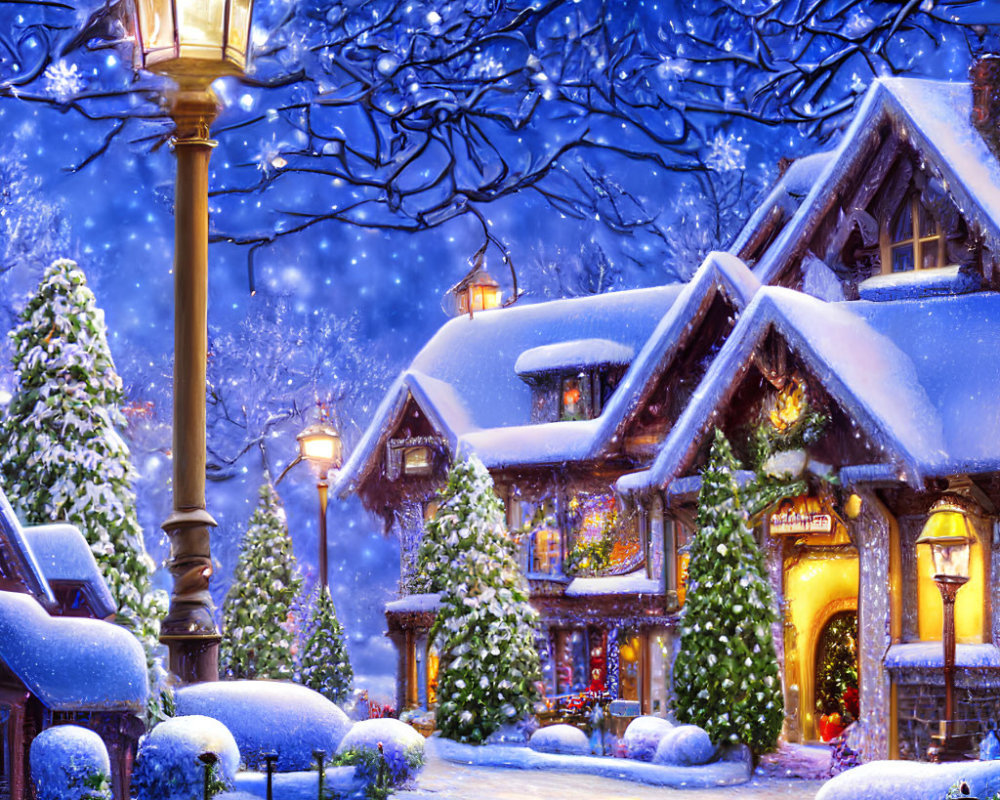 Snowy Evening Scene: Festive Lights Adorn Quaint Cottage