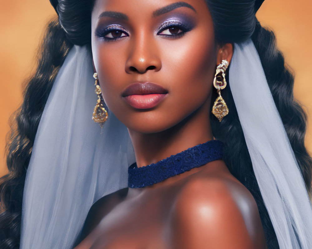 Elaborate hairstyle and blue eyeshadow on woman against orange backdrop