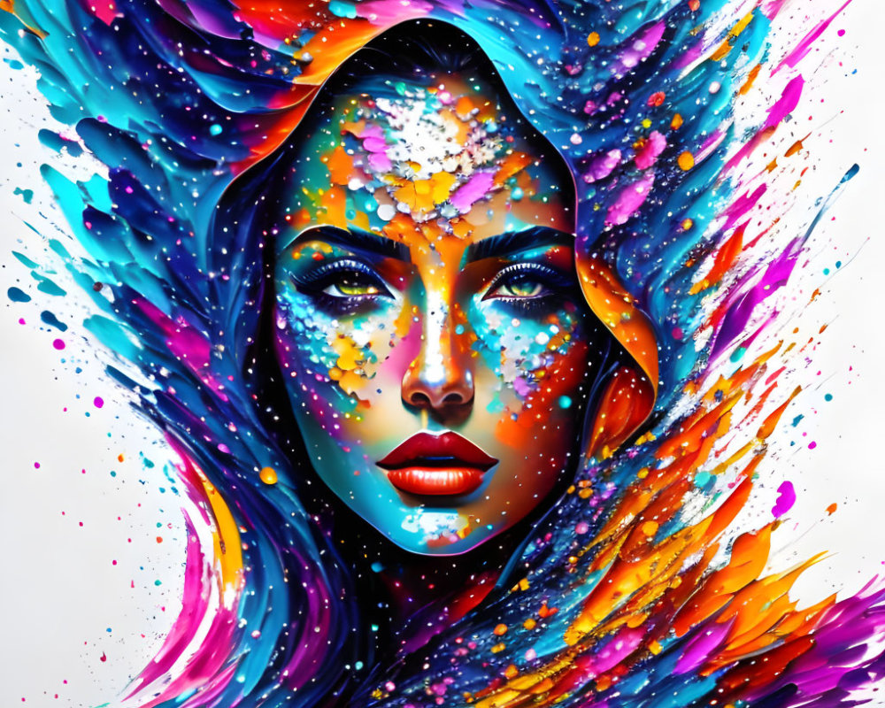 Colorful digital artwork of woman's face with dynamic paint strokes