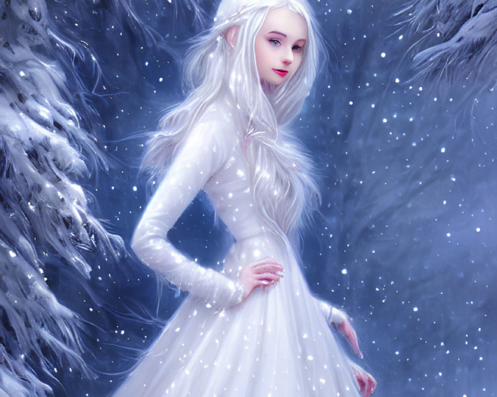 Ethereal figure with long white hair in snowy forest