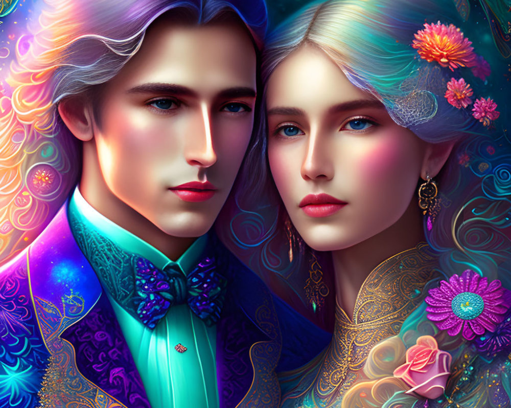 Colorful Man and Woman in Ornate Attire on Psychedelic Floral Background