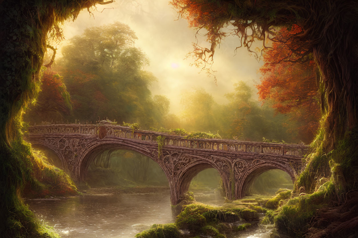 Ornate Stone Bridge Over Tranquil River in Autumn Forest