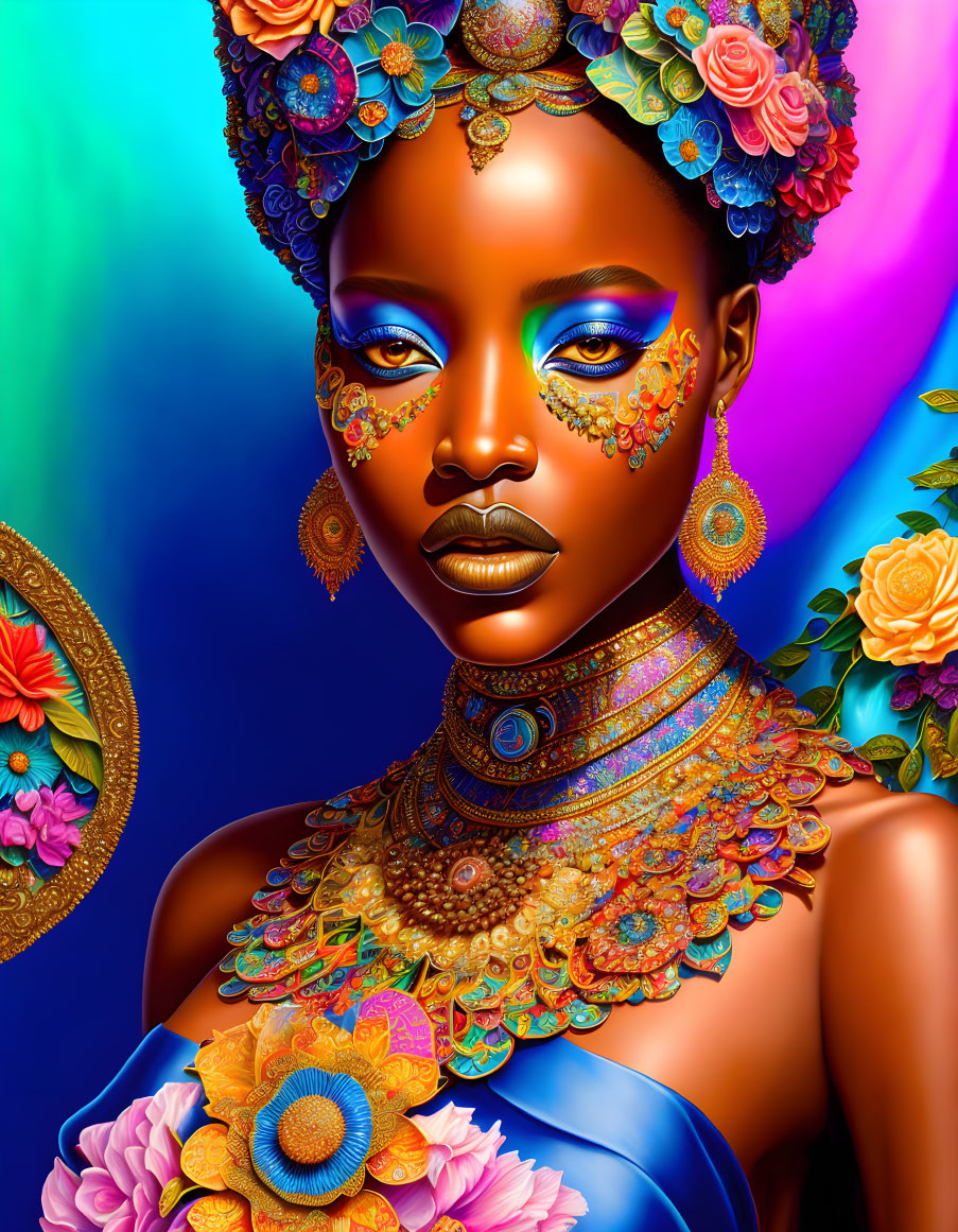 Colorful digital portrait of a woman with floral and jewelry illustrations