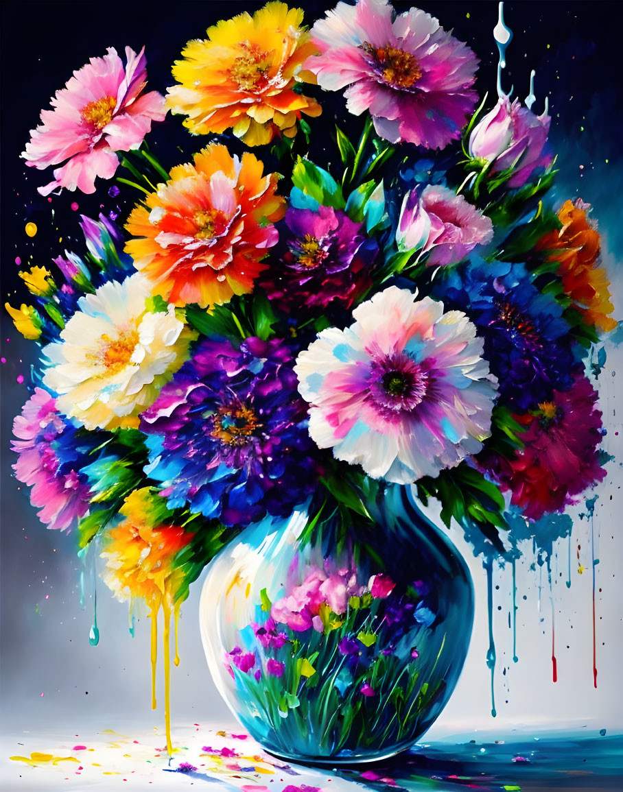 Multicolored flowers in clear vase on dark background with paint splatters