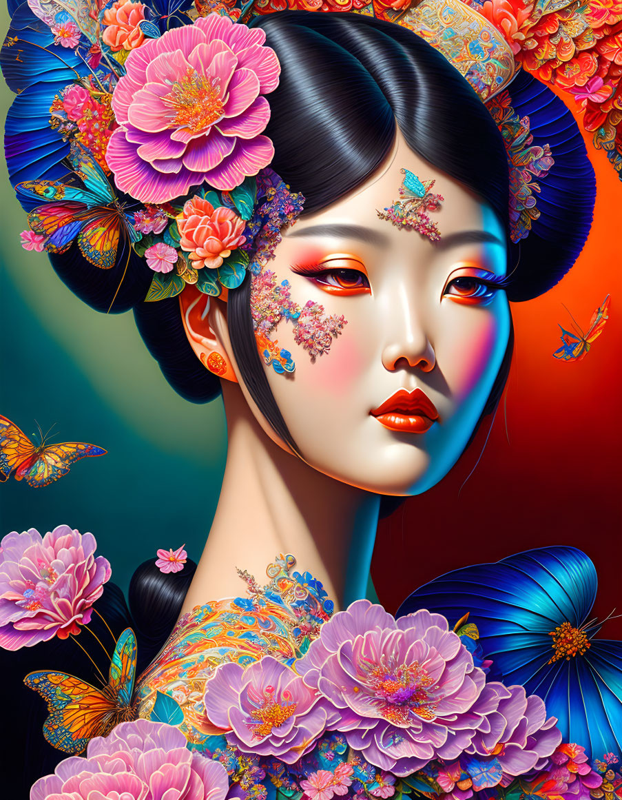 Colorful digital artwork: Woman with floral hair accessories, butterflies, vibrant makeup.