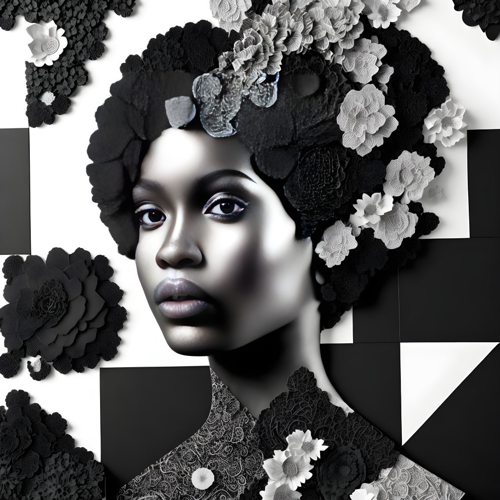 Monochromatic portrait of woman with floral headdress and geometric shapes