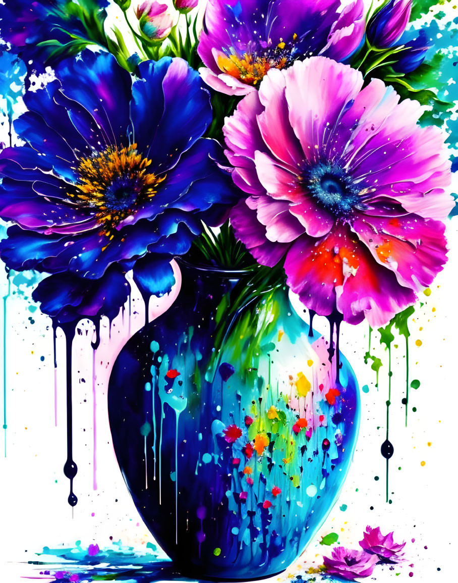 Colorful Abstract Painting of Flowers in Vase with Bold Splatters and Drips