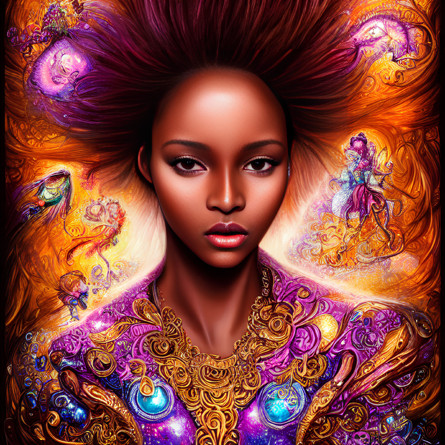 Colorful portrait of a woman in golden attire with fiery cosmic hair