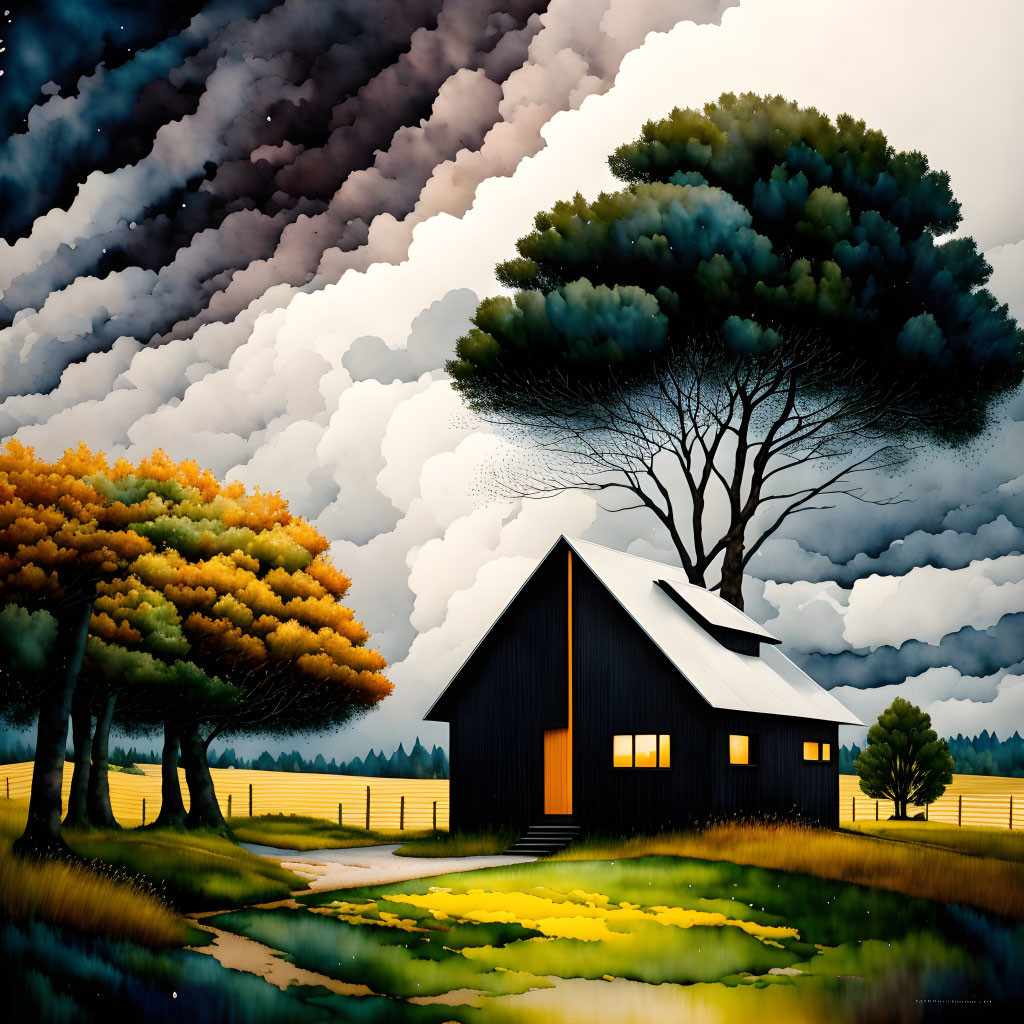 Stylized illustration of cozy house under dramatic sky