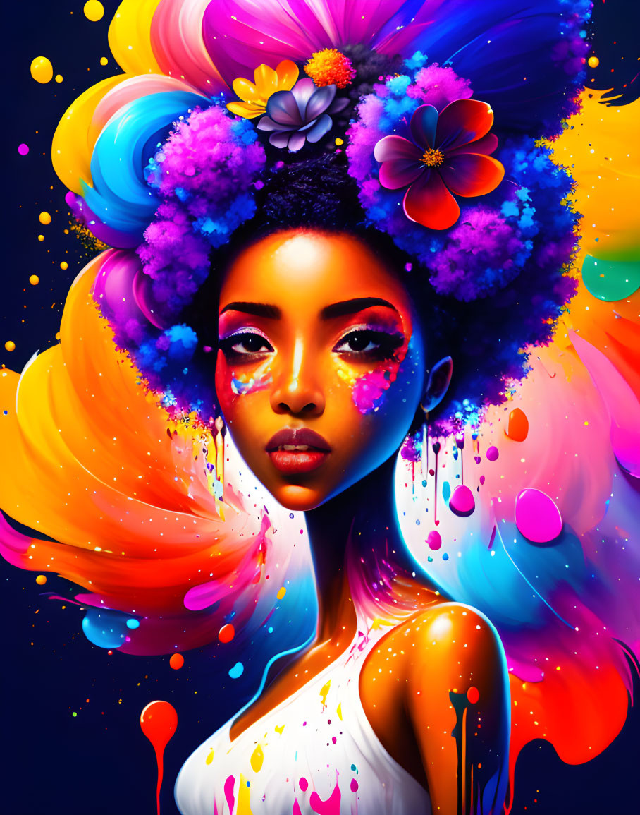 Colorful digital artwork: Woman with floral hair against dark backdrop