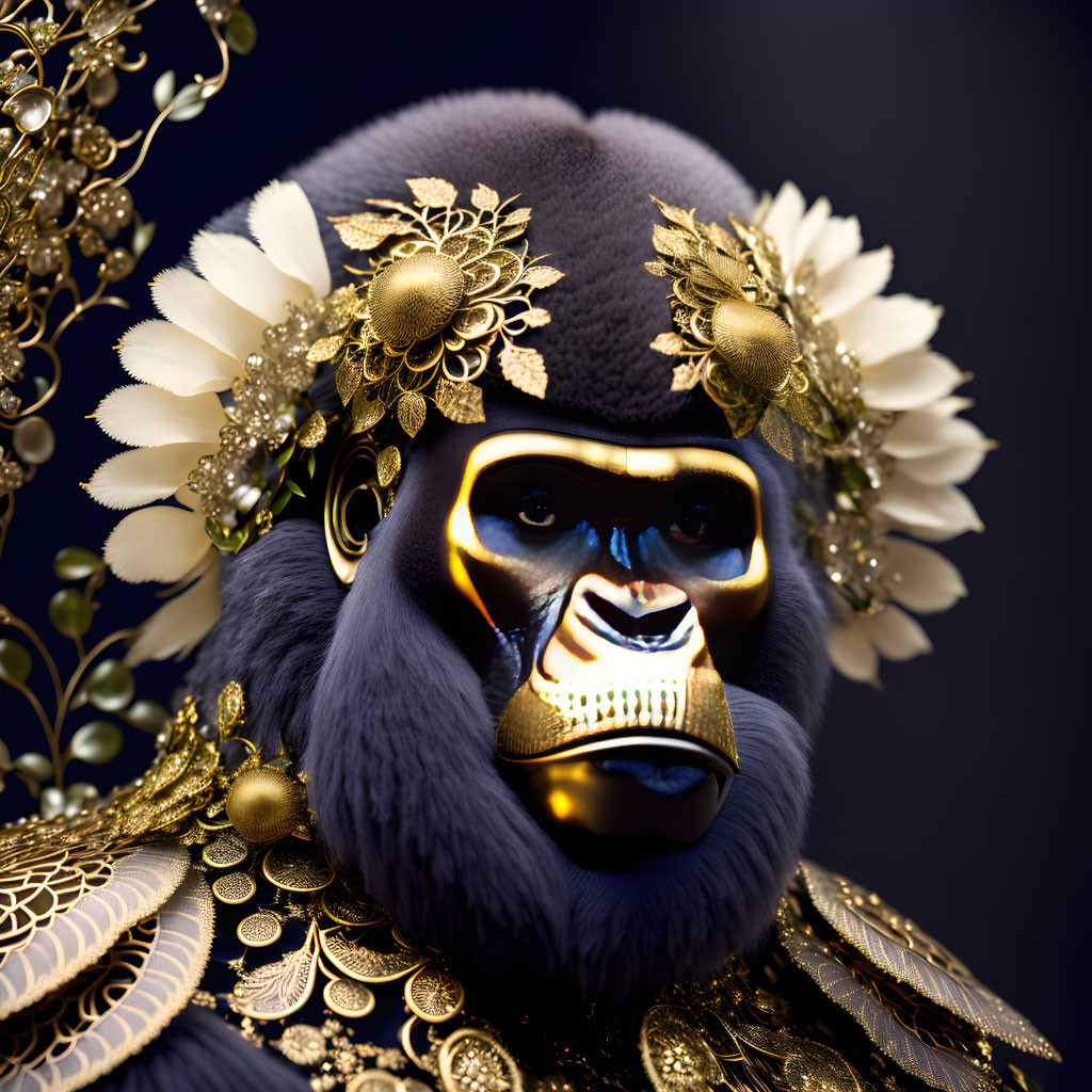 Gorilla with golden flowers and jewelry on dark background