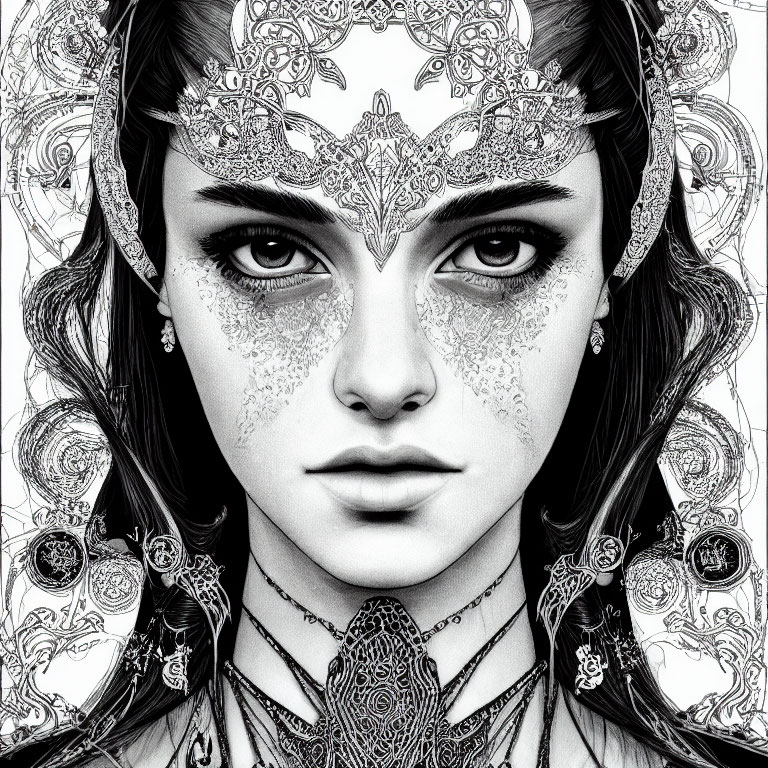 Detailed black and white illustration of symmetrical ornate headpiece and jewelry on a woman with intense gaze