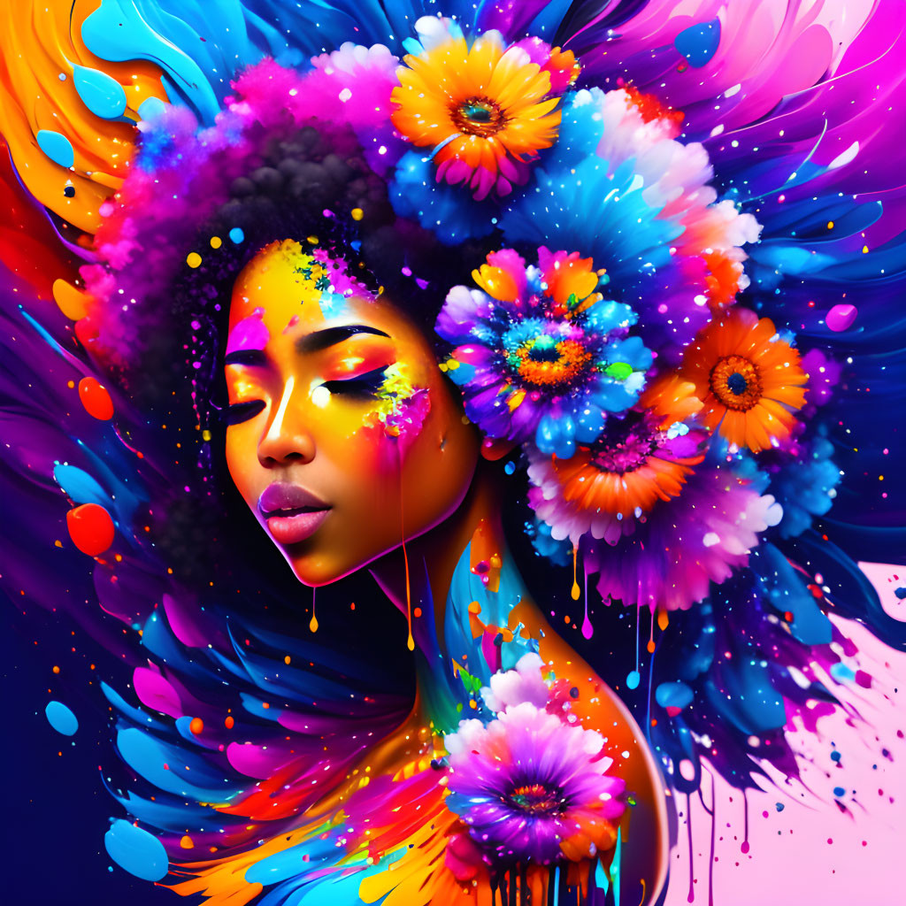 Colorful Digital Artwork: Woman with Flower and Paint Integration