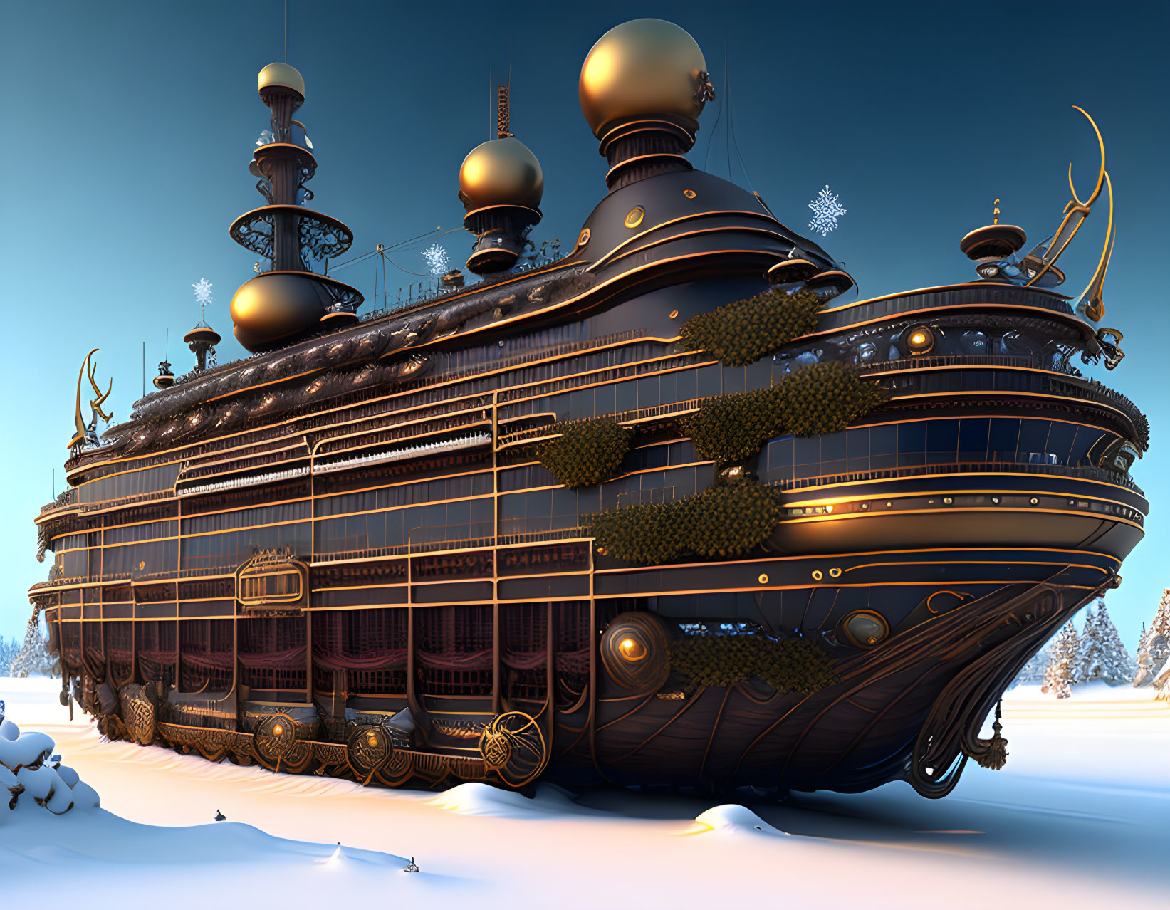 Fantasy airship with golden details over snowy landscape