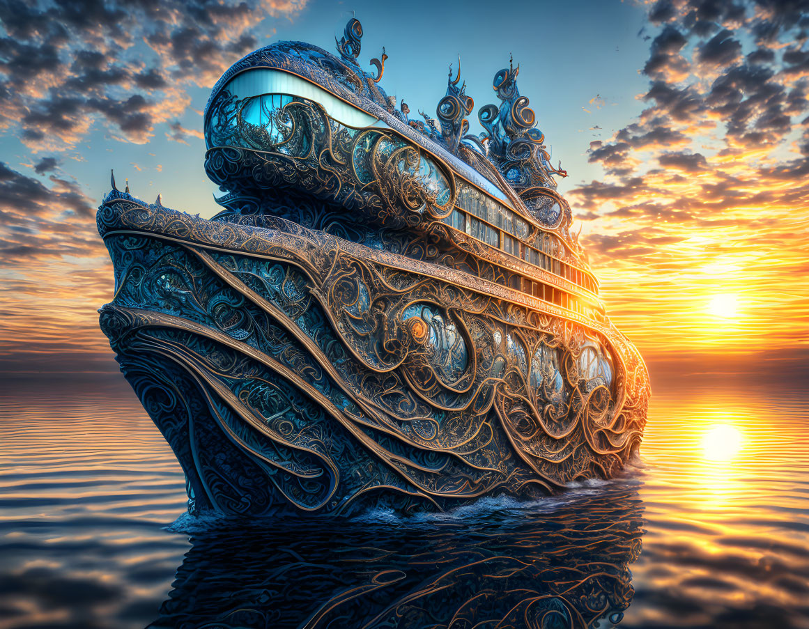 Artistic ship sailing on calm waters at sunset