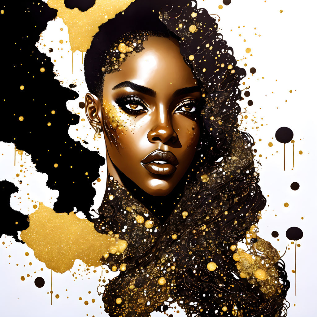 Dark-haired woman with gold splatter on black and white background