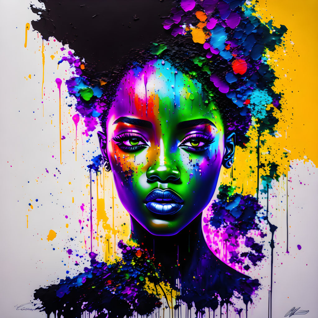 Colorful Portrait of Woman with Purple Skin Tones and Multicolored Splashes