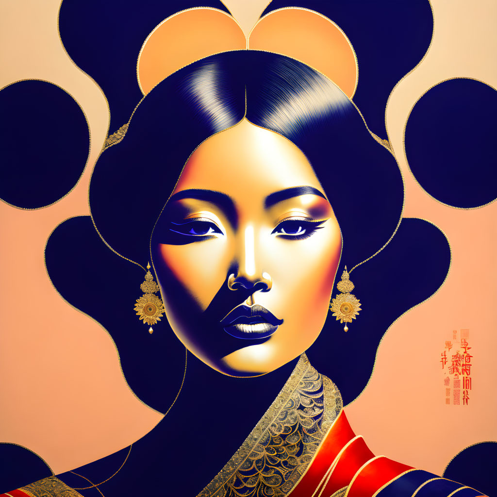 Traditional East Asian Woman Illustration with Bold Makeup and Golden Accessories