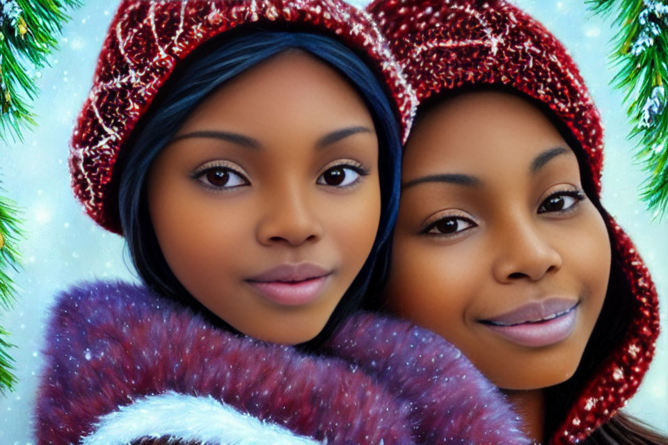 Two people in winter outfits with holiday backdrop, wearing knit hats