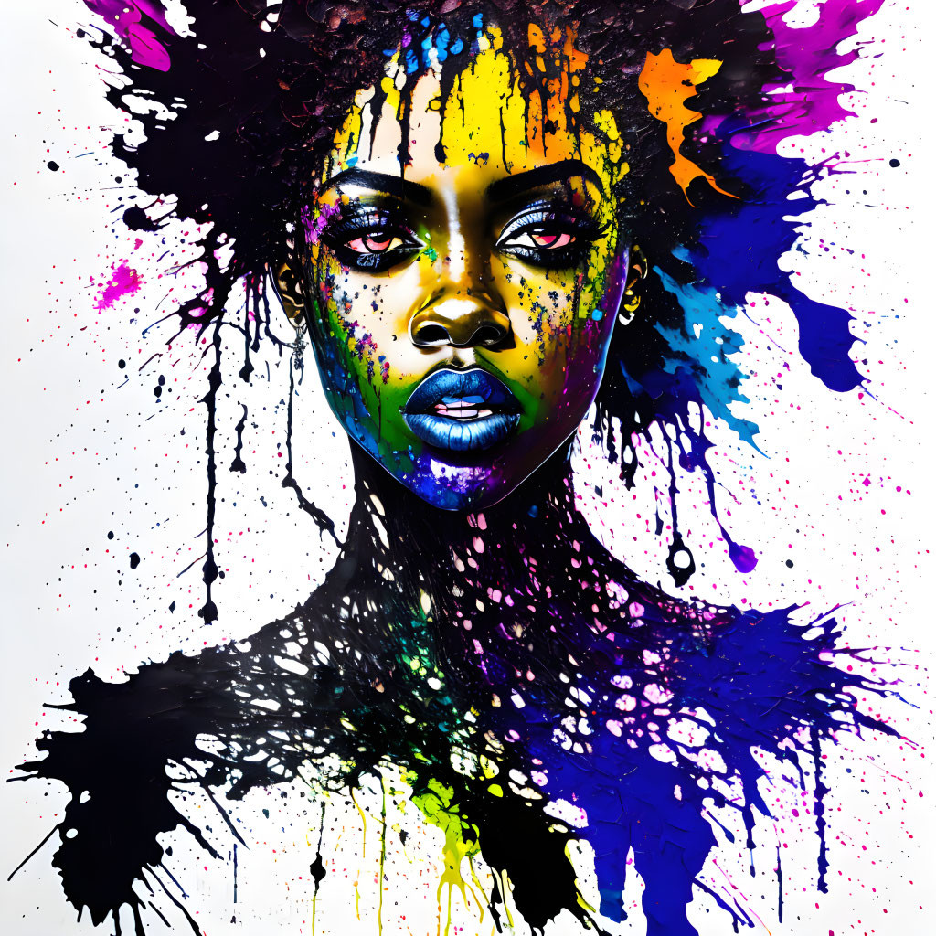 Abstract portrait of woman with vibrant colors and ink blots