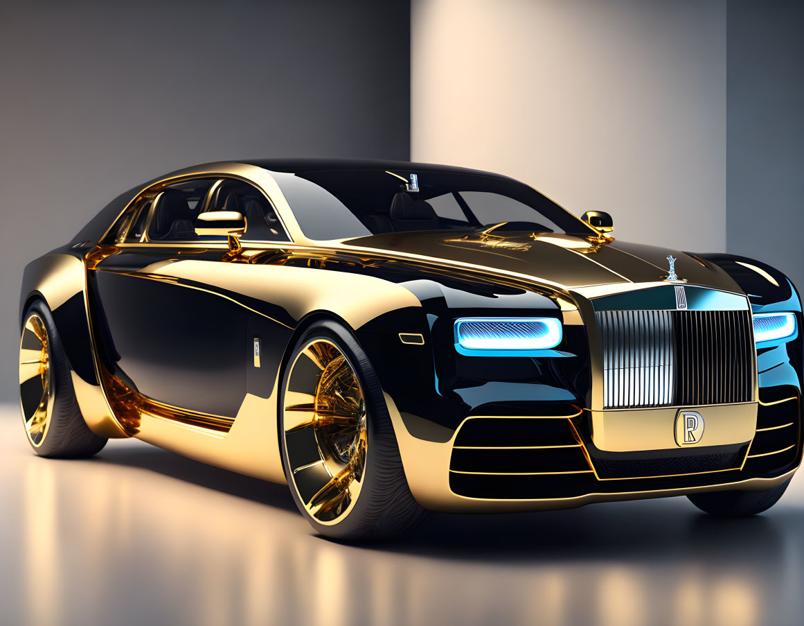 Luxurious Black and Gold Rolls-Royce with Shining Alloy Wheels and Illuminated Grille