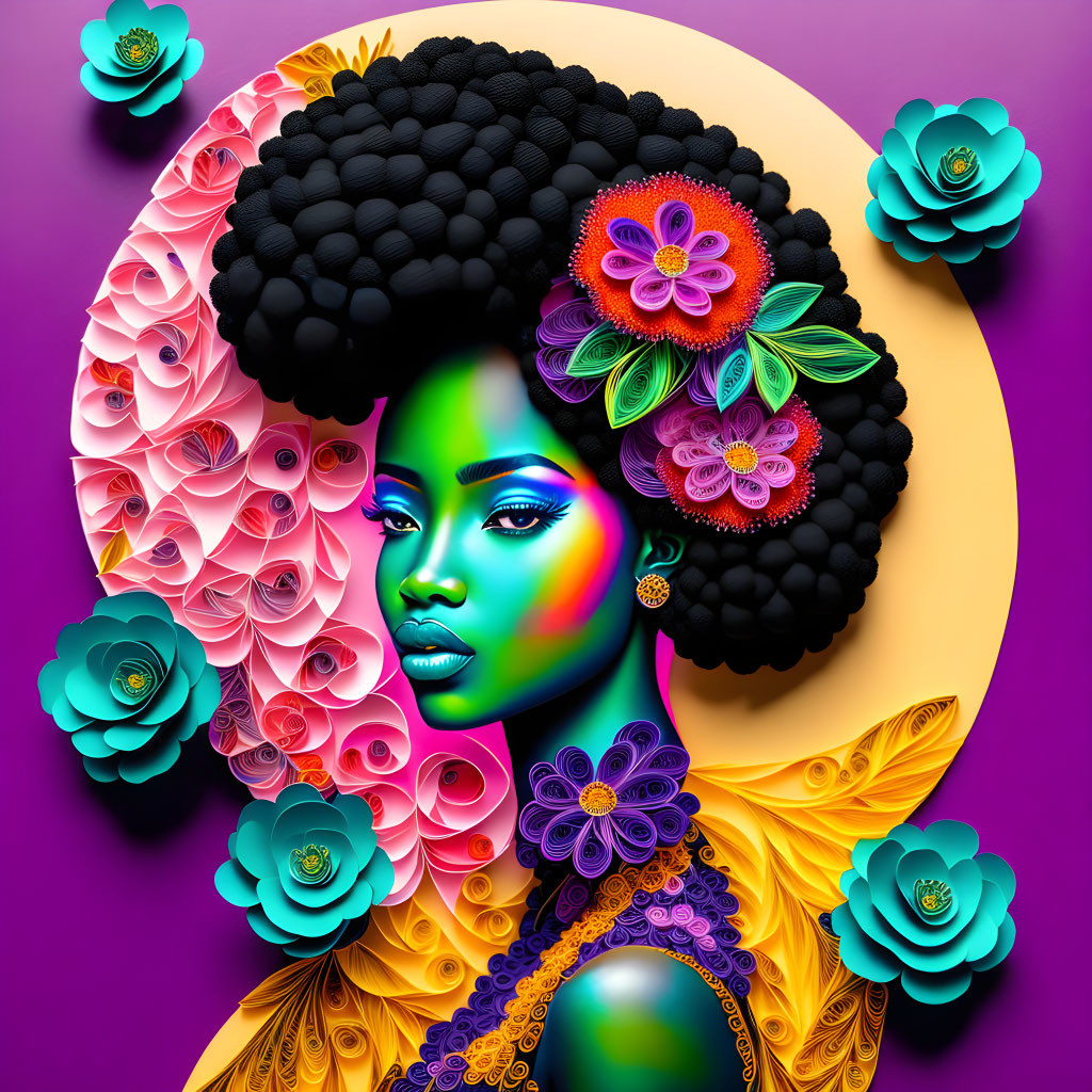 Colorful Digital Art: Woman with Afro Hair and Floral Makeup