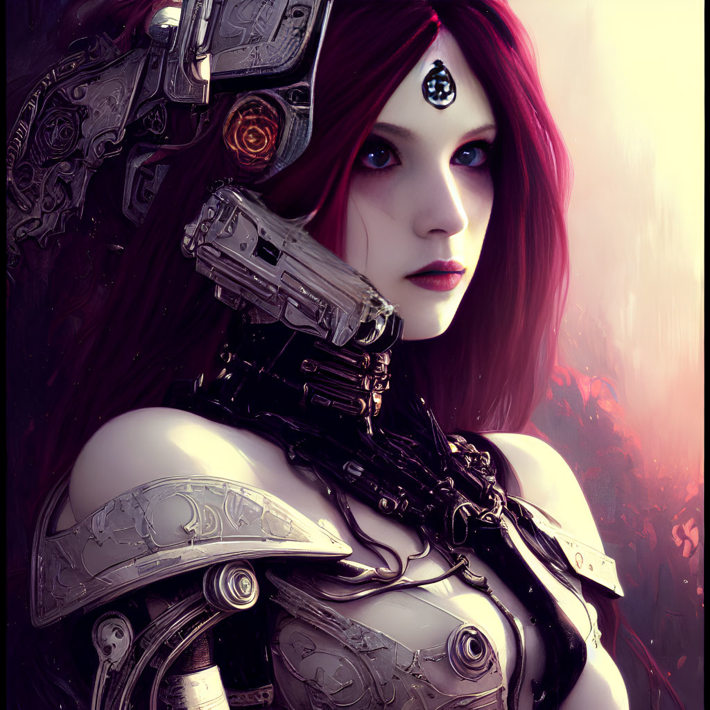 Female cyborg illustration with red hair, piercing eyes, mechanical parts, and gem.