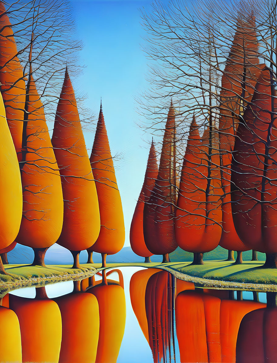 Colorful painting of stylized trees reflecting in water under blue sky