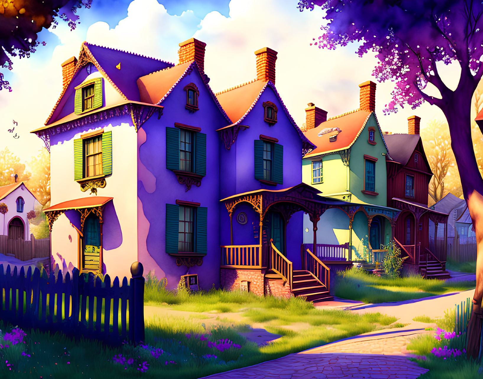 Purple Victorian House with Yellow Trim in Lush Sunset Setting