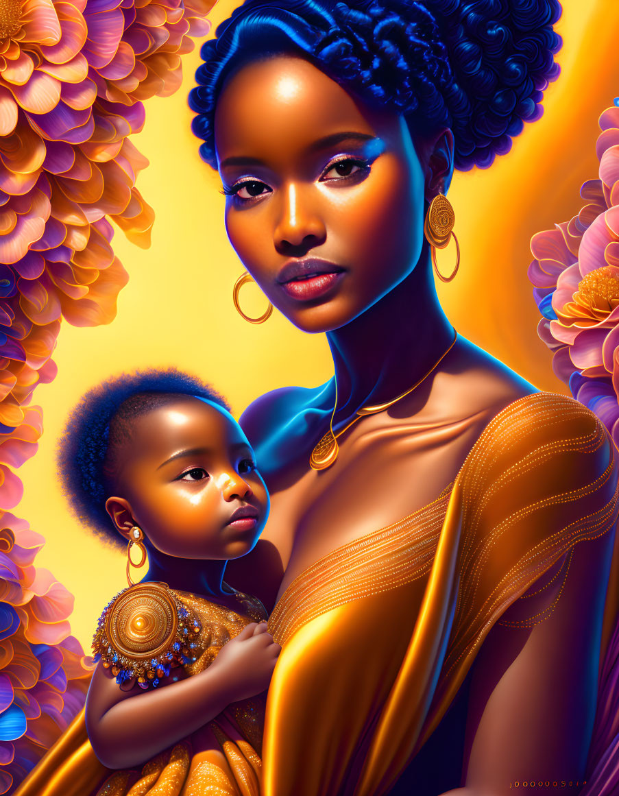 Warm-toned digital artwork featuring woman and child in golden attire with floral surroundings